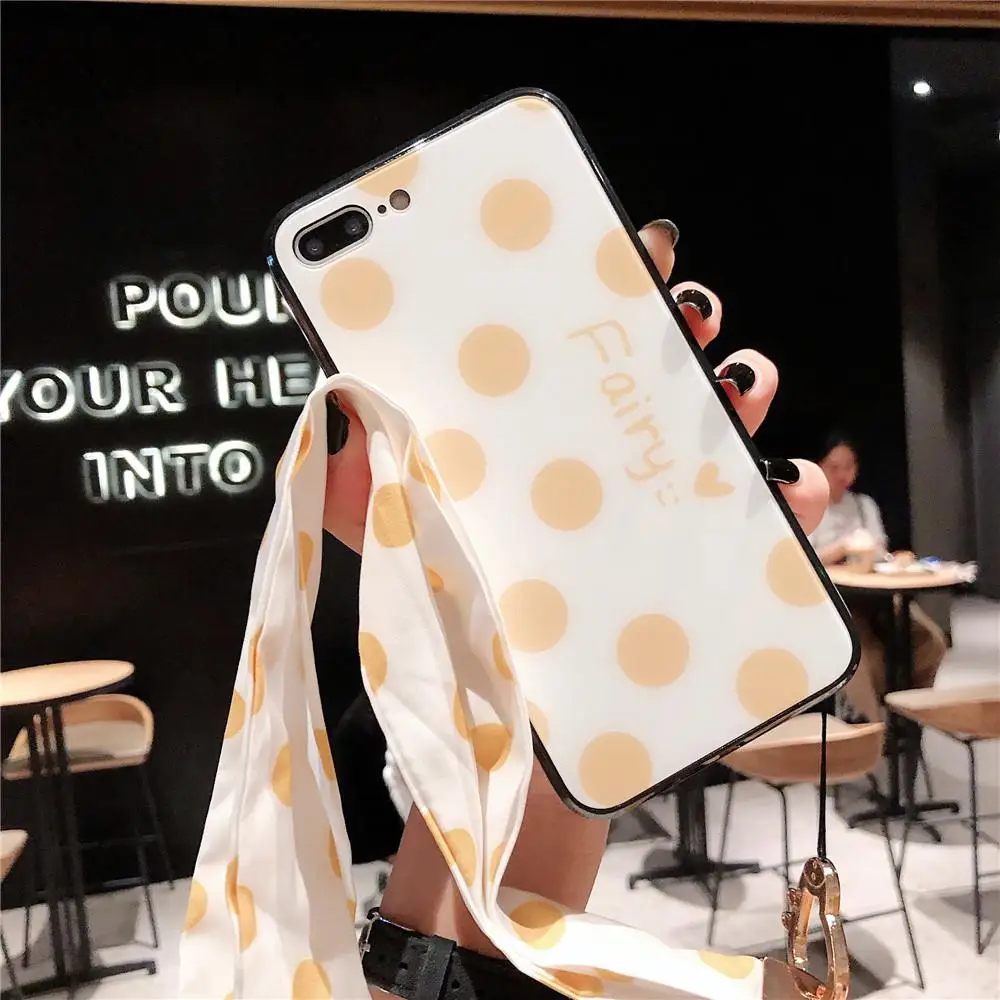 Kuulee For iPhone 6/6S Fashion Wave Point Pattern Color Edge Soft Glass Full Protection Anti-falling Phone Case with Lanyard |