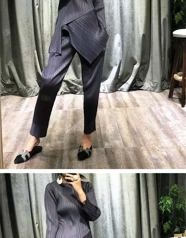 Changpleat Весенние новые женские комплекты Miyak плиссированные Модные Дизайнерские однотонные тонкие эластичные футболки и штаны костюмы из двух частей S9
