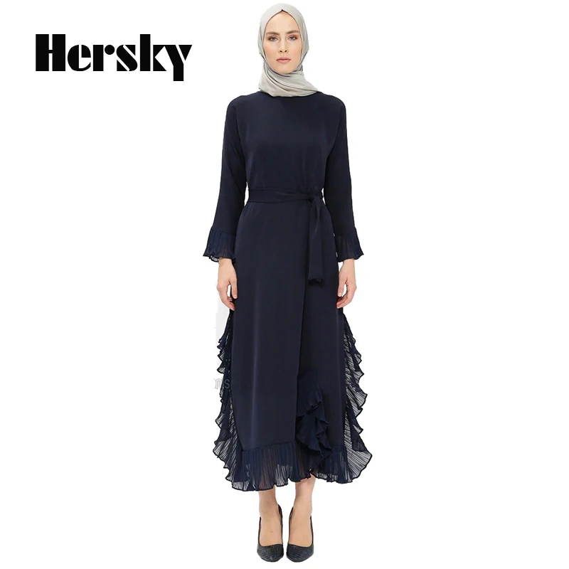 Мода Falbala сшивание мусульманская леди платье Дубая Турецкая женская одежда Caftan