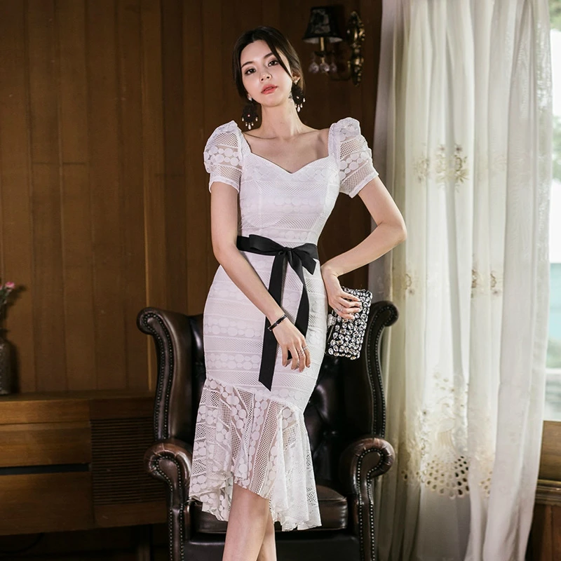 

Big Size Korean Style Black Lace Dress Women with Sashes Ruffles Sexy Party Dresses Women Short Sleeve Bodycon Wrap Midi Dress