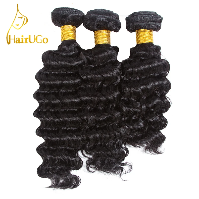HairUGo Pre-colored Brazilian 3 Bundles 100% Human Hair with Closure Deep Wave #1b Nature Black Color Non-Remy |