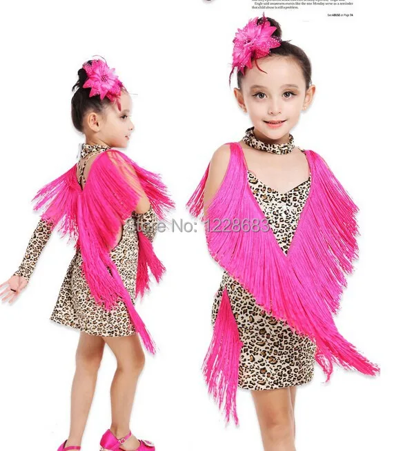

Женский костюм для латиноамериканских танцев, ярко-розовый/красный костюм леопардовой расцветки с бахромой, Детский костюм для латиноамер...
