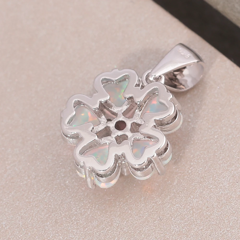 Ожерелье CiNdy White Fire Opal с розовым камнем цветком серебряным покрытием подвеской из