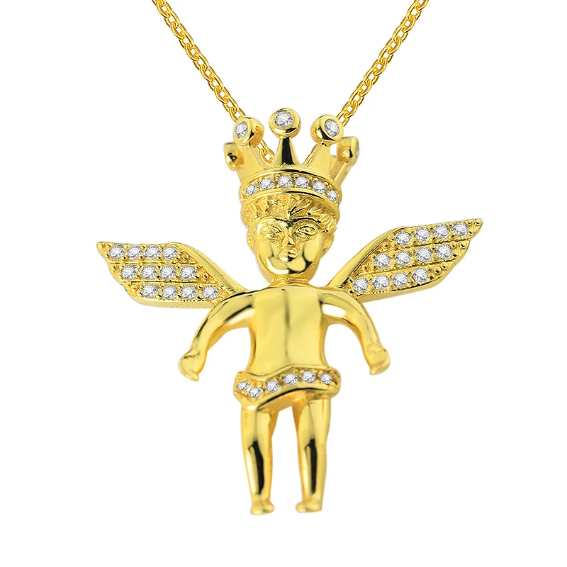 

Gold Filled Angel Pendant Necklace 925 Sterling Silver White CZ Micro Paved Hiphop Bling Jewelry Without Cuban Rope Chain