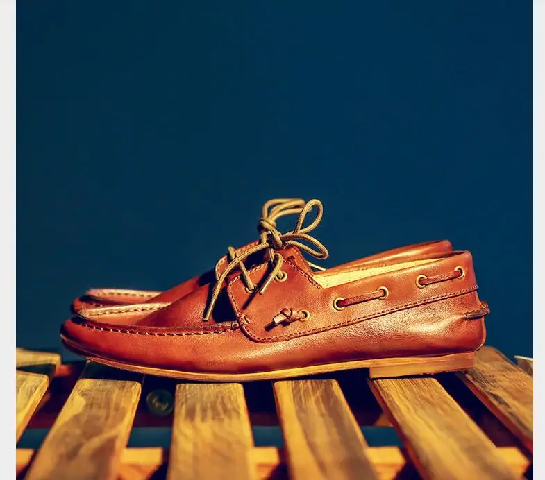 

Handmade Dress Shoes Lace Up Genuine Soft Leather Boat Shoes Flats Loafers Summer Moccasins Drawstring Smart Casual Shoes