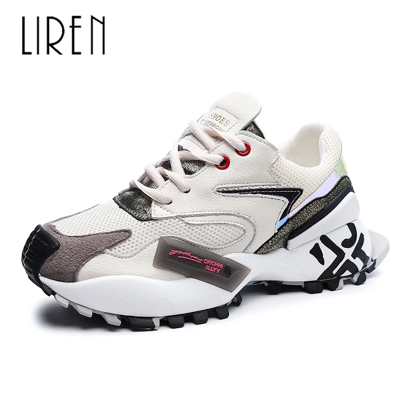 White Liren/Новинка года; Модные женские кроссовки; обувь на плоской платформе; сетчатые Дышащие Модные повседневные женские кроссовки смешанных цветов на шнуровке - Цвет: White