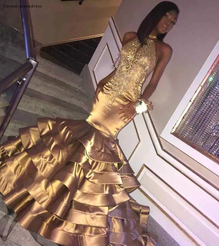 Gold Color Prom Dresses 2019 African Black Girls Mermaid Halter Neck Holidays Graduation Wear Evening Party Gowns Plus Size | Свадьбы и