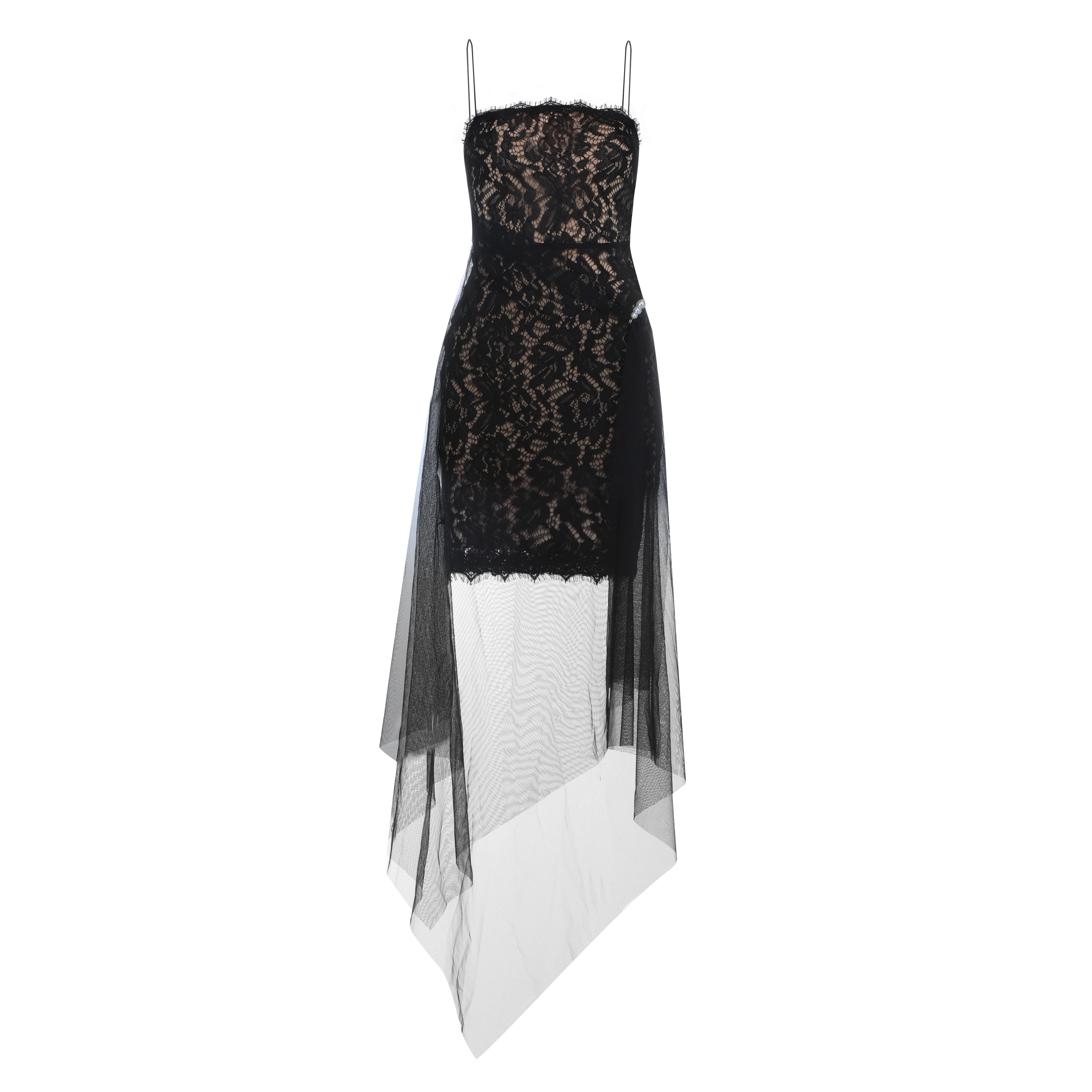 Max Spri 2019 New Elegent Black Women Party Spaghetti Strap Backless Floral Lace Sashes Pearl Asymmetrical Hemline Midi Dress | Женская