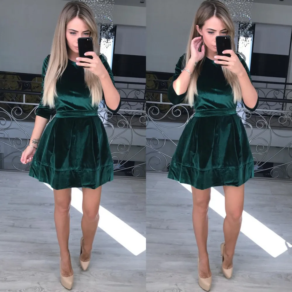 Joineles, 4 цвета, однотонное модное бархатное свободное женское вечернее платье, круглый вырез, рукав 3/4, ремни, ретро платье, Клубная уличная одежда, Vestidos