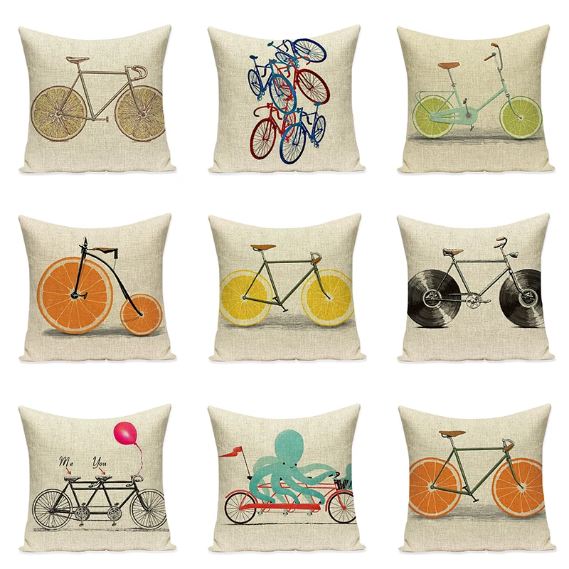 

Cartoon Bicycle Cushion Covers Linen Decorative Pillowcases Art Car Seat Accessories Sofa Throw Pillow Case Home Textile Decor