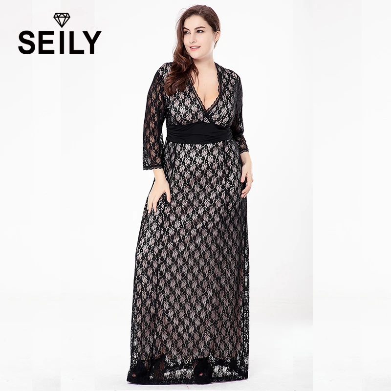Женское кружевное платье макси Seily Осеннее черное ажурное длинное с глубоким V