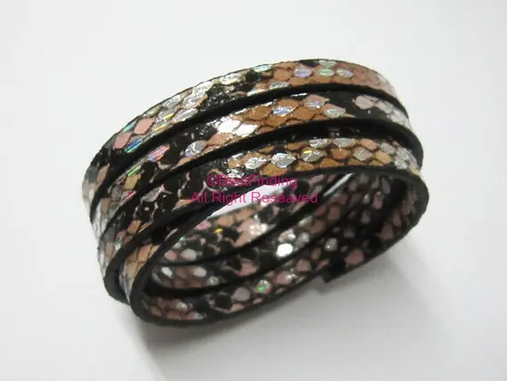 

5x2mm Black brown Flat leather cord Glitter snake leather cord