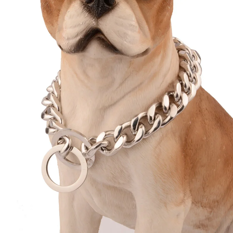 

Dogs Heavy Metal Chain 16mm Silver Color Stainless Steel Curb Cuban Link Chain Dog Collar Puppy Training Collars 12-32"