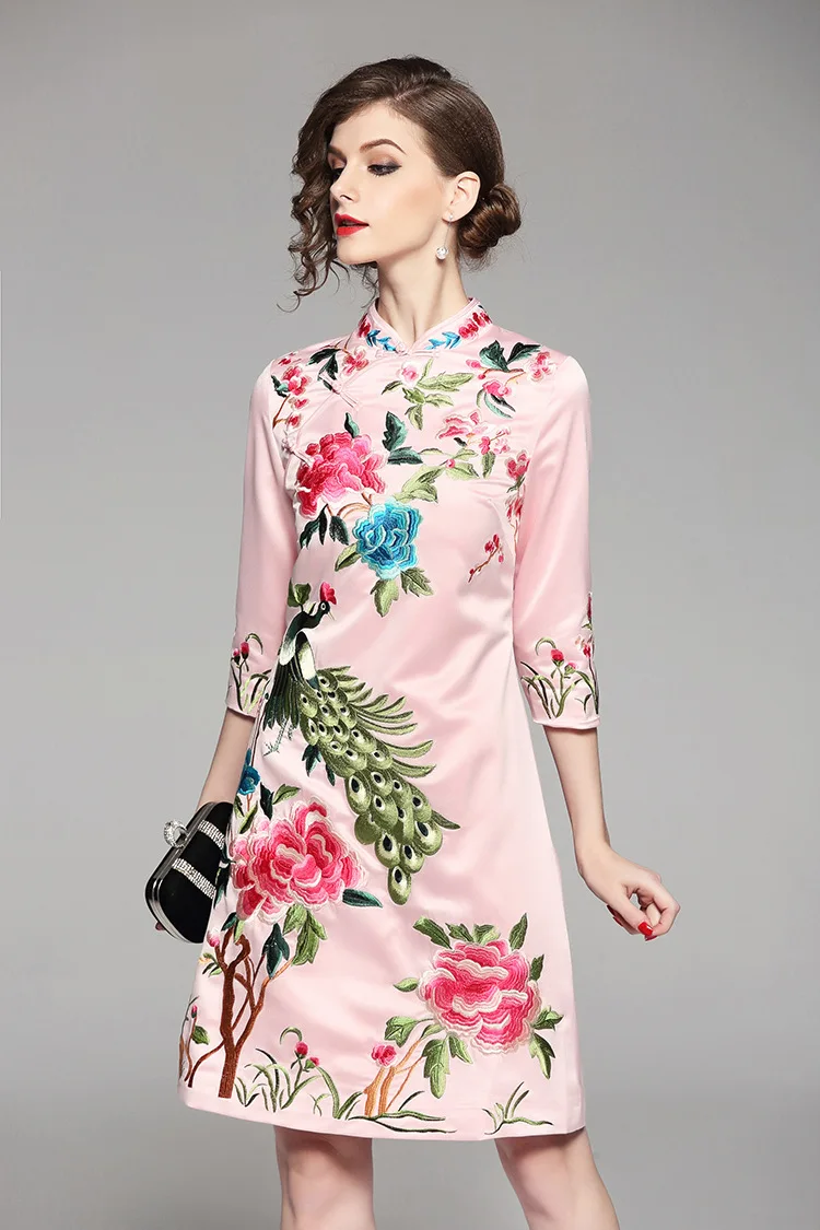 Элегантное женское платье Cheongsam с цветочной вышивкой, весеннее приталенное женское платье высокого качества с воротником-стойкой в китайском стиле