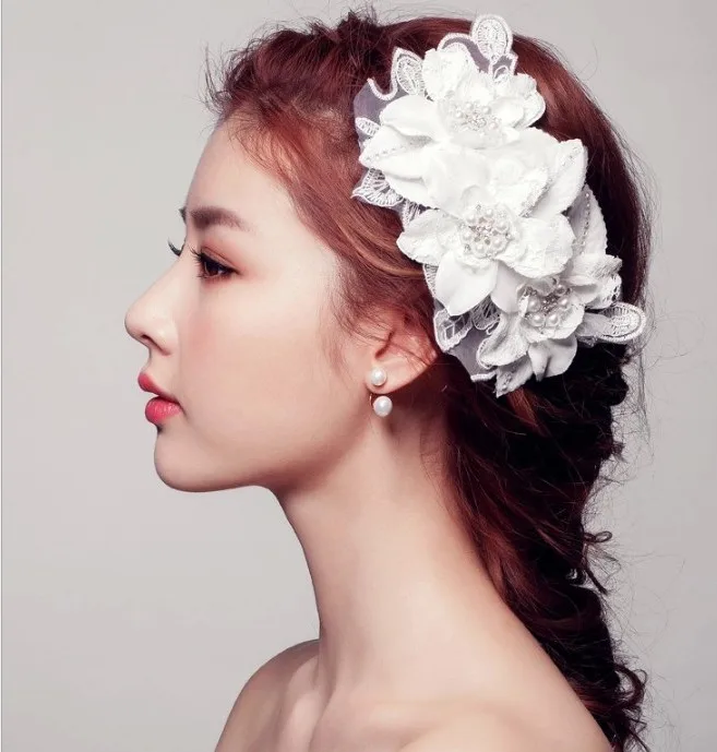 Rhine pearl hair stone crystal wedding bride a white lace flower comb feather headdress | Украшения и аксессуары
