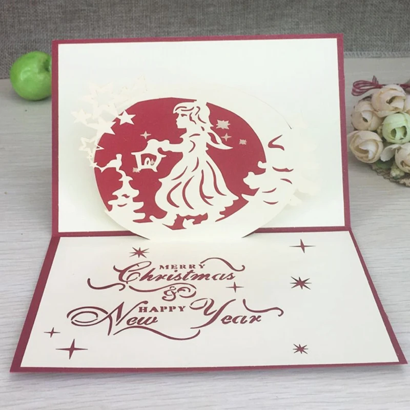 Merry Christmas винтажная 3D лазерная резка всплывающая бумага ручной работы на заказ поздравительные открытки Рождественские подарки сувенирные открытки принадлежности