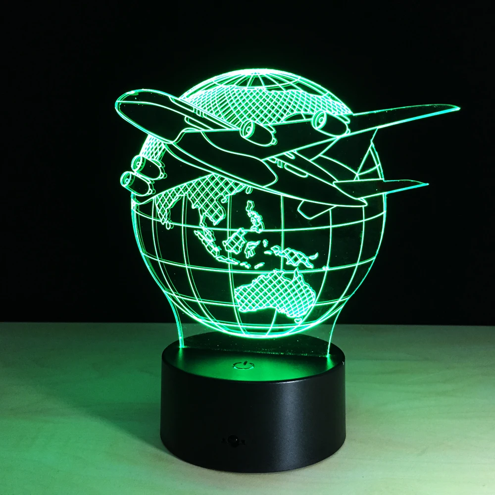 

Летающий мир земной шар самолет 3D Светодиодный лампа Искусство скульптуры огни в цветах лампа с 3D оптической иллюзией с сенсорной кнопкой ...