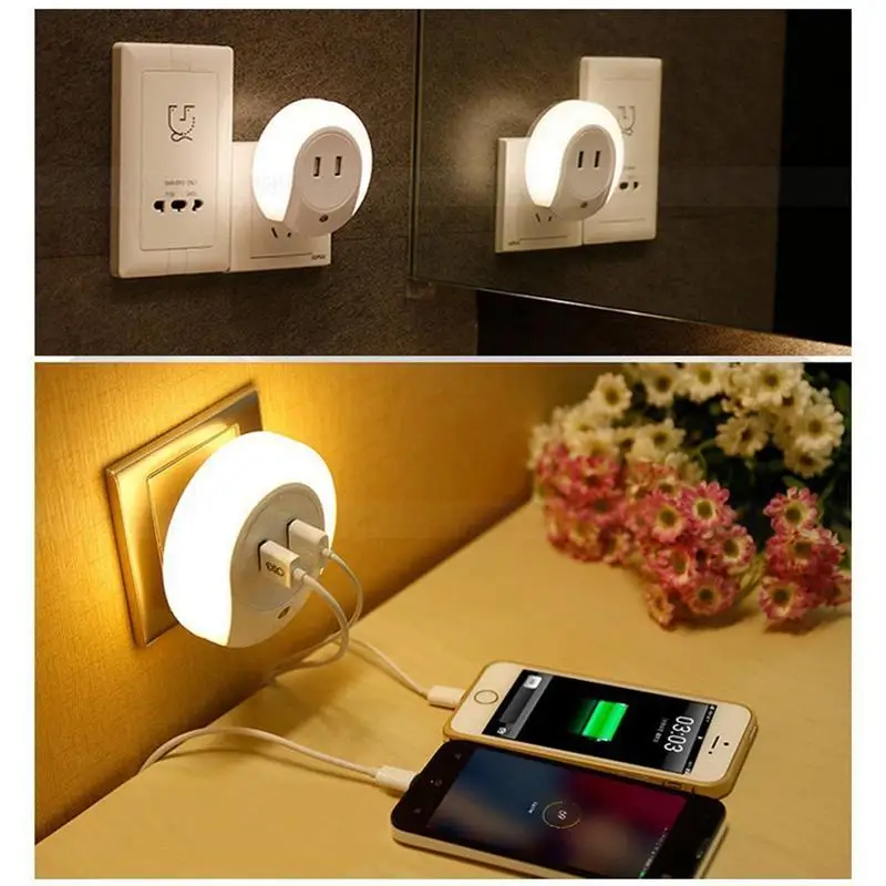 Свет Сенсор светодиодный ночник с 2A двойной Порты usb стены Зарядное устройство