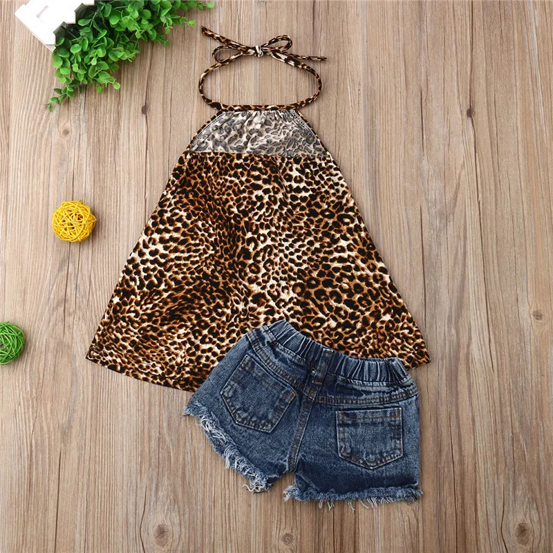

2021 2Pcs set Newborn Kids Baby Girls Leopard Print Sleeveless Halter Tops and Hole Jeans Shorts Outfits Clothes set,1-6years