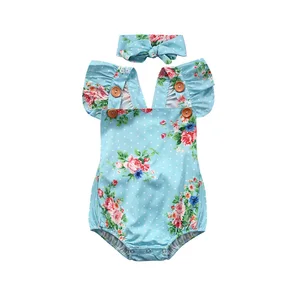 2017 милое хлопковое боди с короткими рукавами и квадратным воротником для новорожденных девочек; Хлопковое боди с цветочным принтом; Повязка на голову; Комплект из 2 предметов; Сезон лето