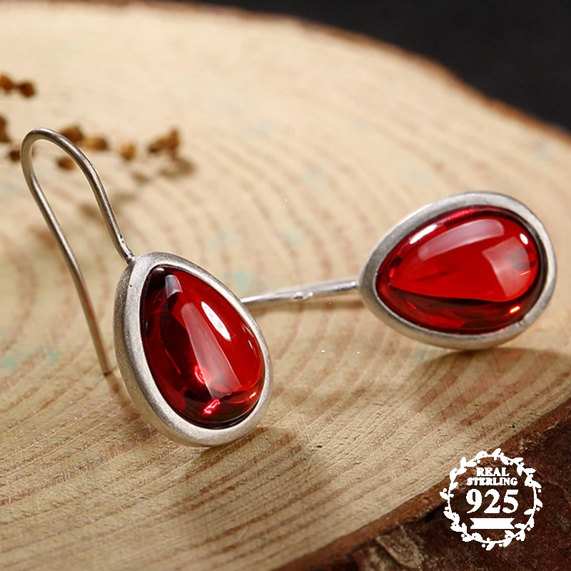 Серьги-подвески с рубинами S925 винтажные сережки ручной работы в форме капли