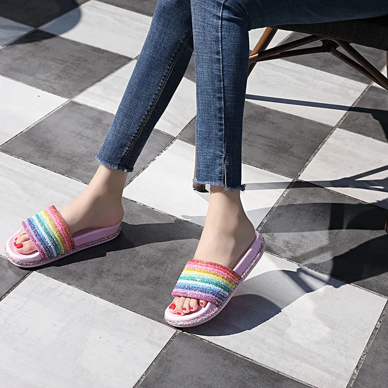 Summer Slippers Women Shining Rainbow Outside Slide Funny Lips Crystal Flat Sandals Beach Slides Casual Plus Size 36-43 | Обувь
