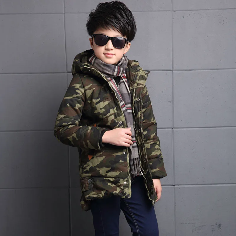 Winterjas jongen Boy winter down &amp parkascoat hooded cotton zipper fashion long Camouflage weight 0.7kg outerwear &ampcoats |
