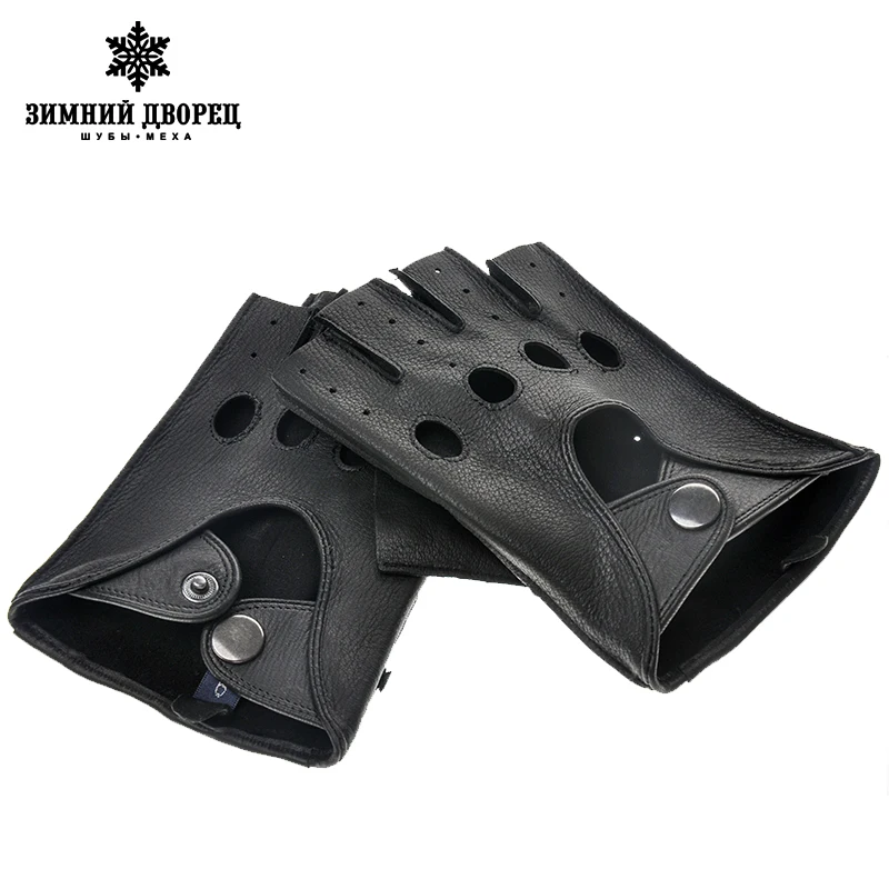 Мода кожаные перчатки мужчин без пальцев черный овчины мужские Панк стиль Полую