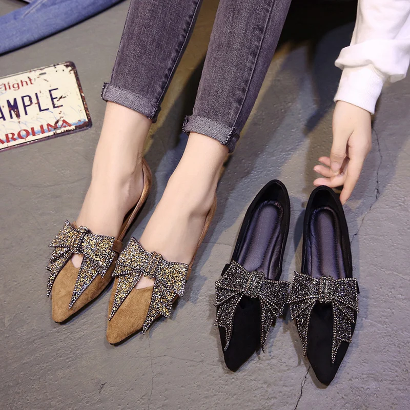 

Crystal bow-knot moccasins pointed toe flock loafers women bling decoration cozy ballet flats spring shallow mouth single shoes