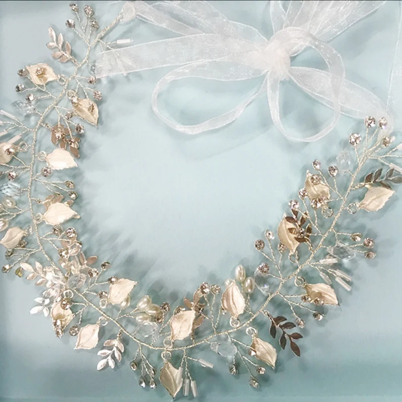 Ободок для волос с золотыми эмалированными кристаллами повязка на голову листом