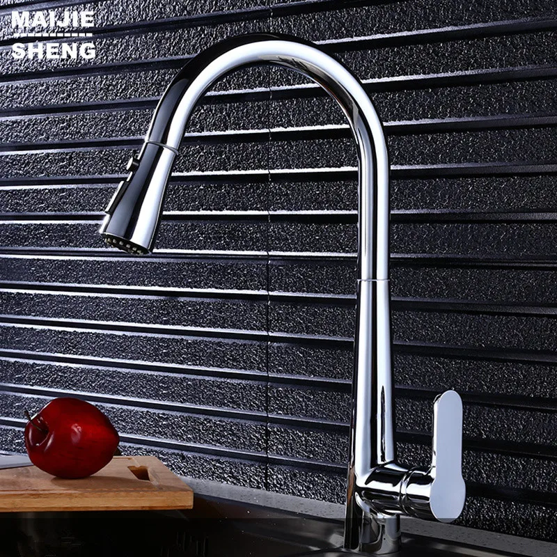 

Хромированный кухонный смеситель с одной ручкой, выдвижной кухонный кран, одно отверстие, поворот на 360 градусов, медный, хромированный, поворотный смеситель для раковины