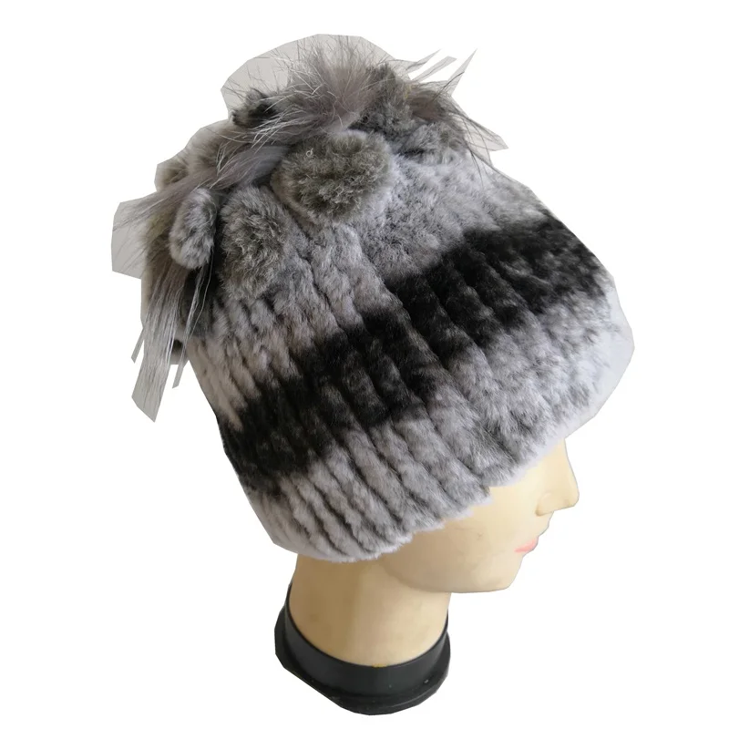 

Handmade Russian Women Real Rex Rabbit Fur Skullies Beanies Hats Fox Poms Winter Lady Warm Caps Fashion Headgear LF5079