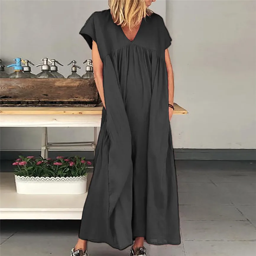 Женское свободное платье SAGACE однотонное до щиколотки с коротким рукавом и v