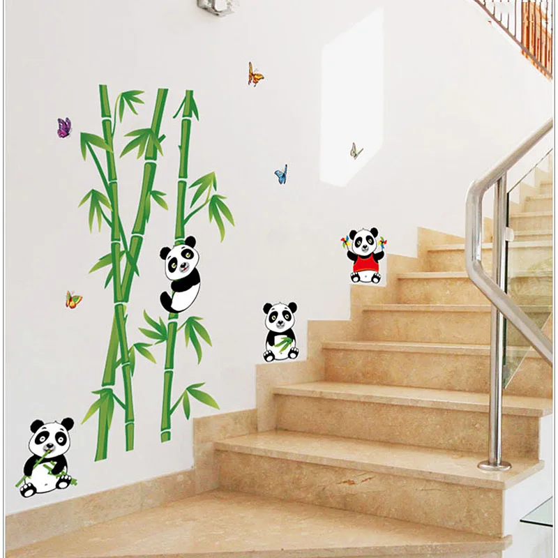 Pandas Butterfly Bamboo Wall Stickers For Kids Room Baby Nursery Home Decor Animals Decals Mural Art Cartoon Sofa TV Wall Decor