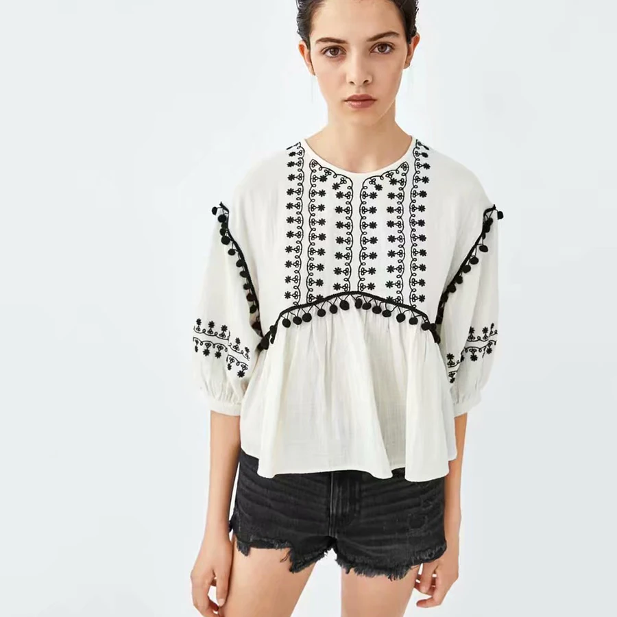 Вышивка Повседневное короткие женские рубашки Blusas Femininas Elegante укороченный топ Для