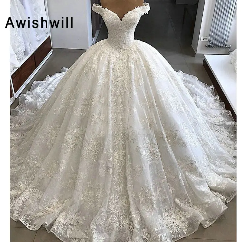 

Роскошные свадебные платья Vestido de Noiva 2020 Пышное Бальное Платье с рукавом-крылышком арабское кружевное свадебное платье принцессы