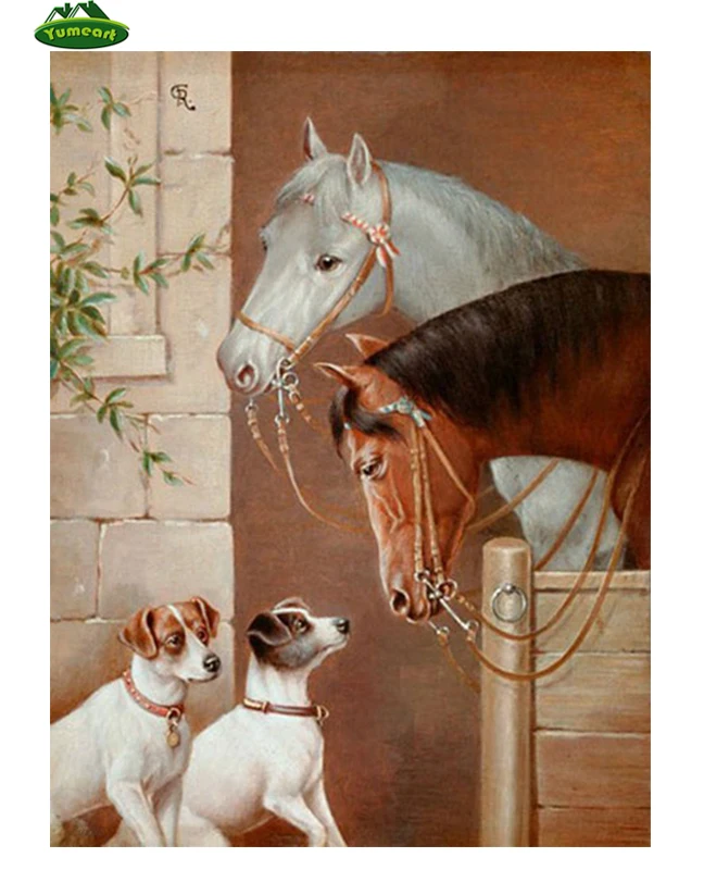 Yumeart мозаика алмазная вышивка бусины встреча с лошадью и собакой крестиком