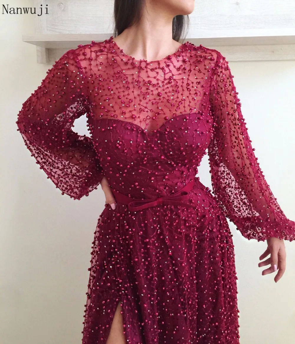 

2018 New DesignHandmade Flowers Pearls Long Sleeves Mermaid Evening Dresses Luxury Fashion Elegant Tulle Arabic High Split