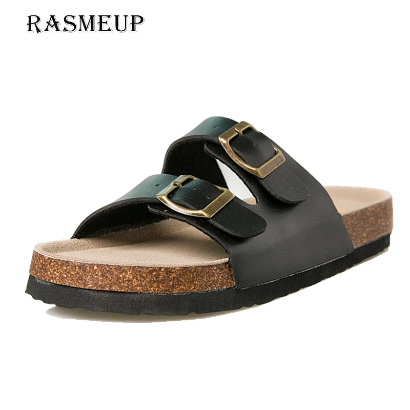 RASMEUP/кожаные женские шлепанцы; коллекция года; Летние Мягкие Вьетнамки с пробковой пряжкой; женские пляжные шлепанцы; повседневные белые женские Вьетнамки; обувь - Цвет: 1