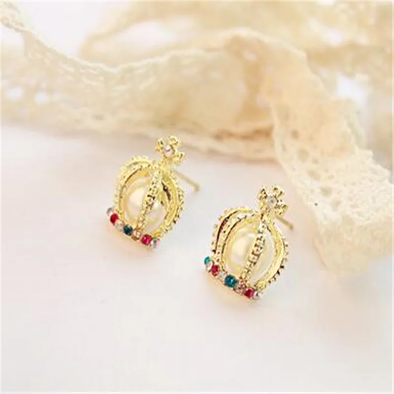 Большие серьги гвоздики в стиле ретро с имитацией жемчуга виде короны CED315|stud