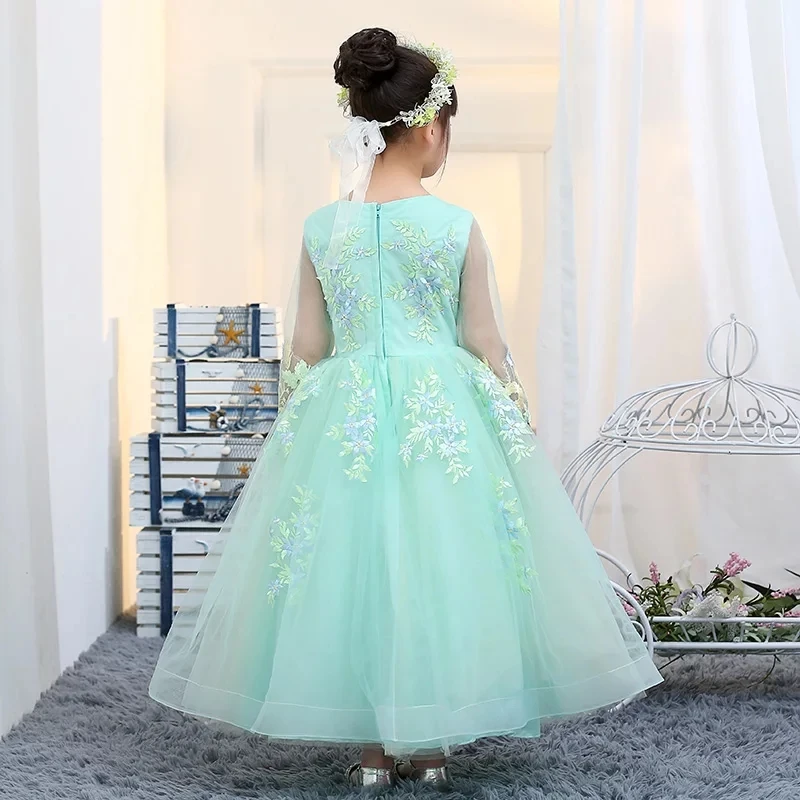

2018 Autumn New Children Girls Elegant Green Embroidery Flowers Birthday Wedding Party Long Dress Baby Kids Model Show Dress