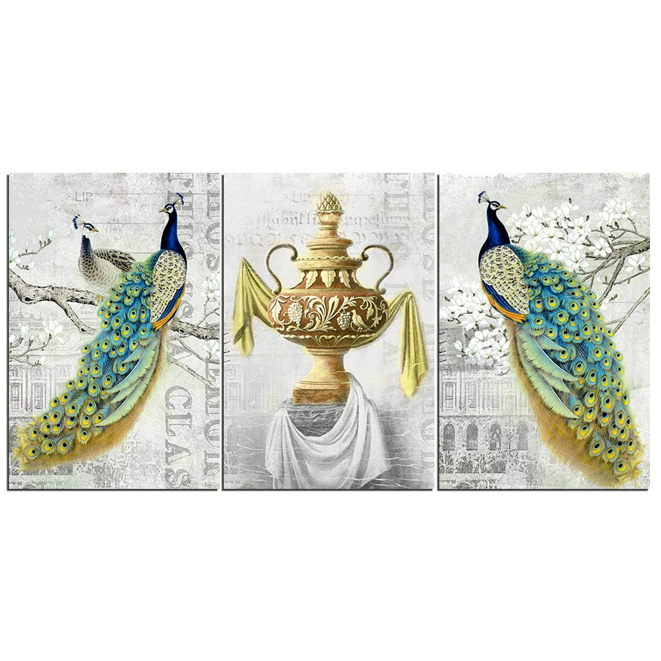 3 panels wall art peacock painting canvas HD print beautiful on | Дом и сад
