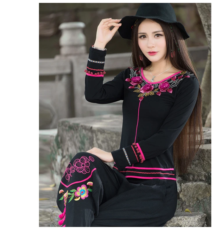 Camisas femininas Женский пуловер винтажный 70 s этнический мексиканский стиль с длинным рукавом с v-образным вырезом черная футболка с нашивками AF498