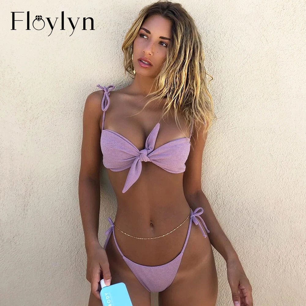 

Floylyn Purple Bow Knot Bikinis Monokini Bandage Brazilian Bikini Set Bathing Suit Women Bandeau Swimwear Tie Front Swimsuit