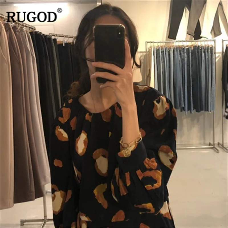Женское платье с леопардовым принтом RUGOD Длинное свободное круглым вырезом и