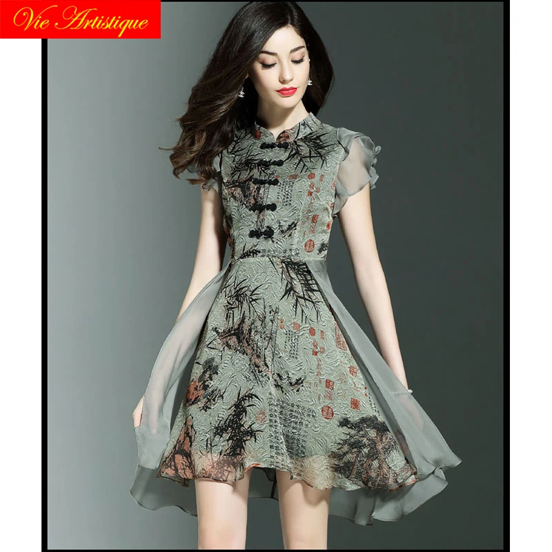Cheongsam Шелковый цветочный ретро boho Платье Лето роковой ете 2018 Макси женские