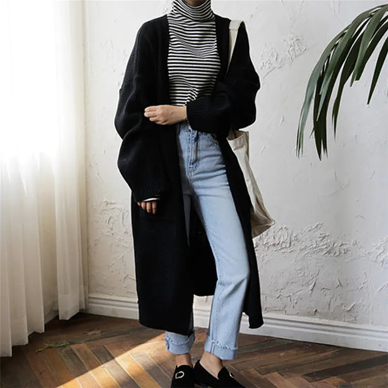 Autumn Winter Long Cardigan Sweater 2019 Casual Sleeve Knitted Pockets Cape Top Lady Loose Jacket Coats |