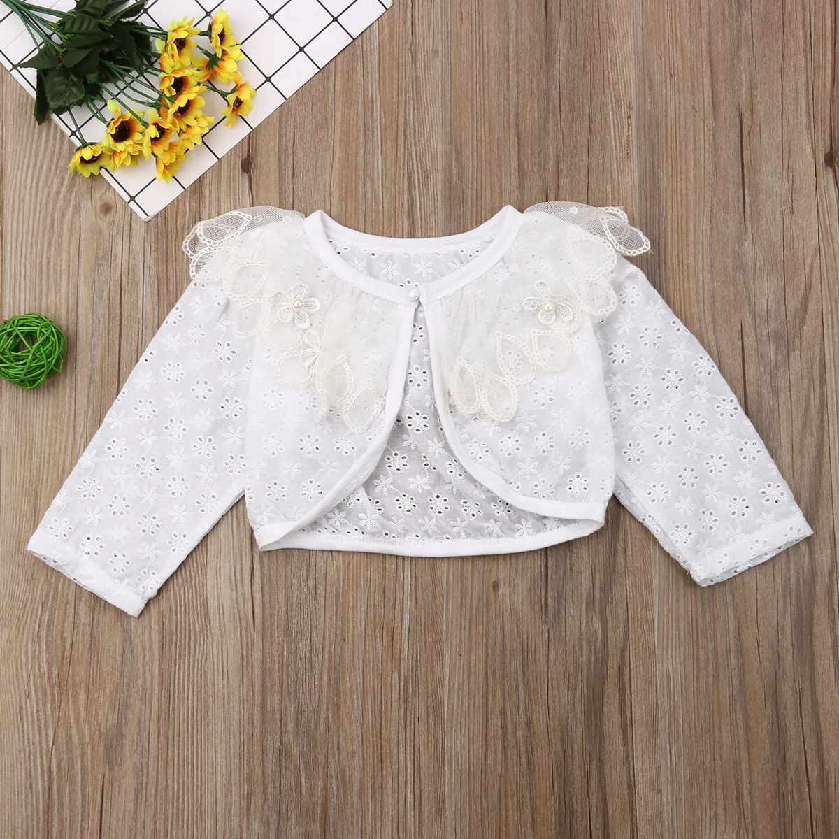 2019 New Girls Long Sleeve Kids Lace Bolero Shrug Pearls Button Wedding Cardigan Princess Flower Collar Party Coat 1-6 Y | Детская