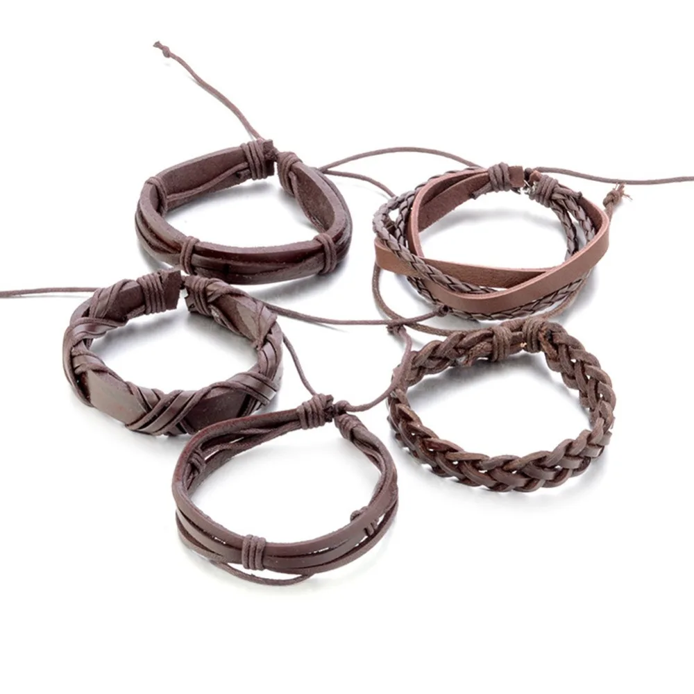 5 шт. винтажная ручка многослойный кожаный браслет мужской модный плетеный