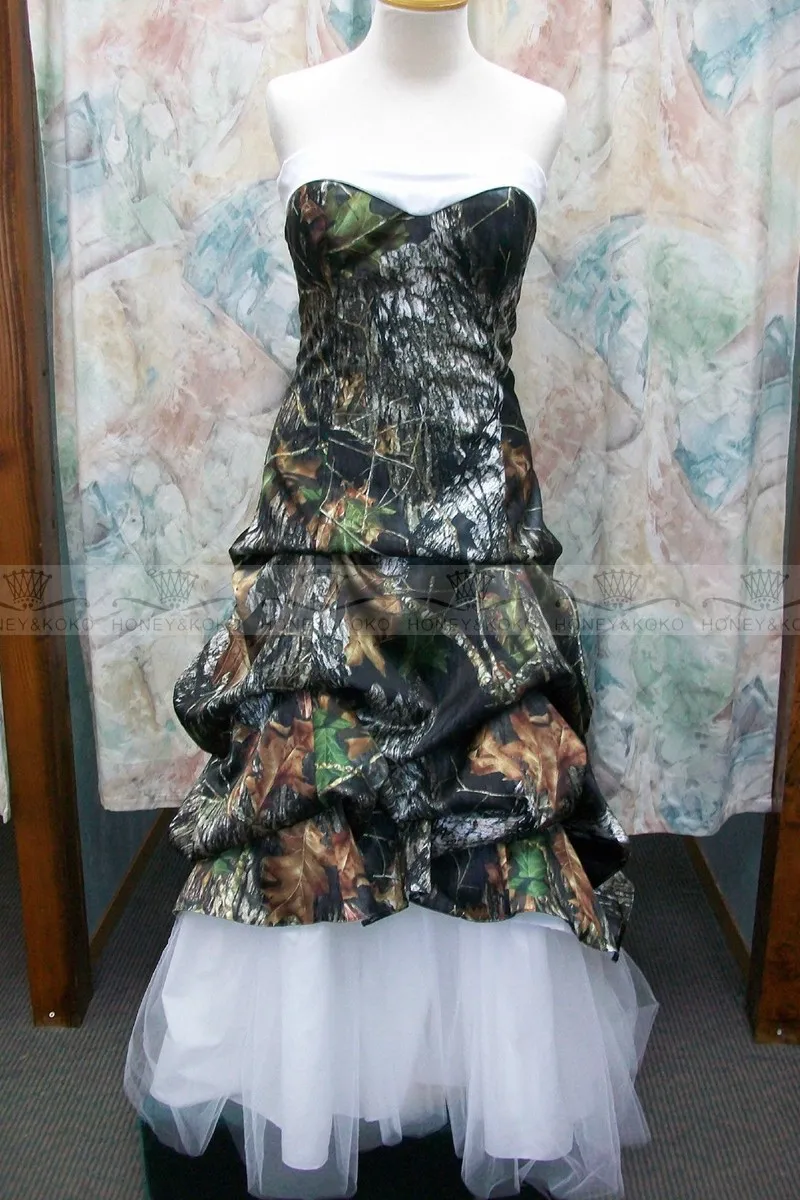 Камуфляжная драпированная юбка-трапеция сердечком свадебные платья белая